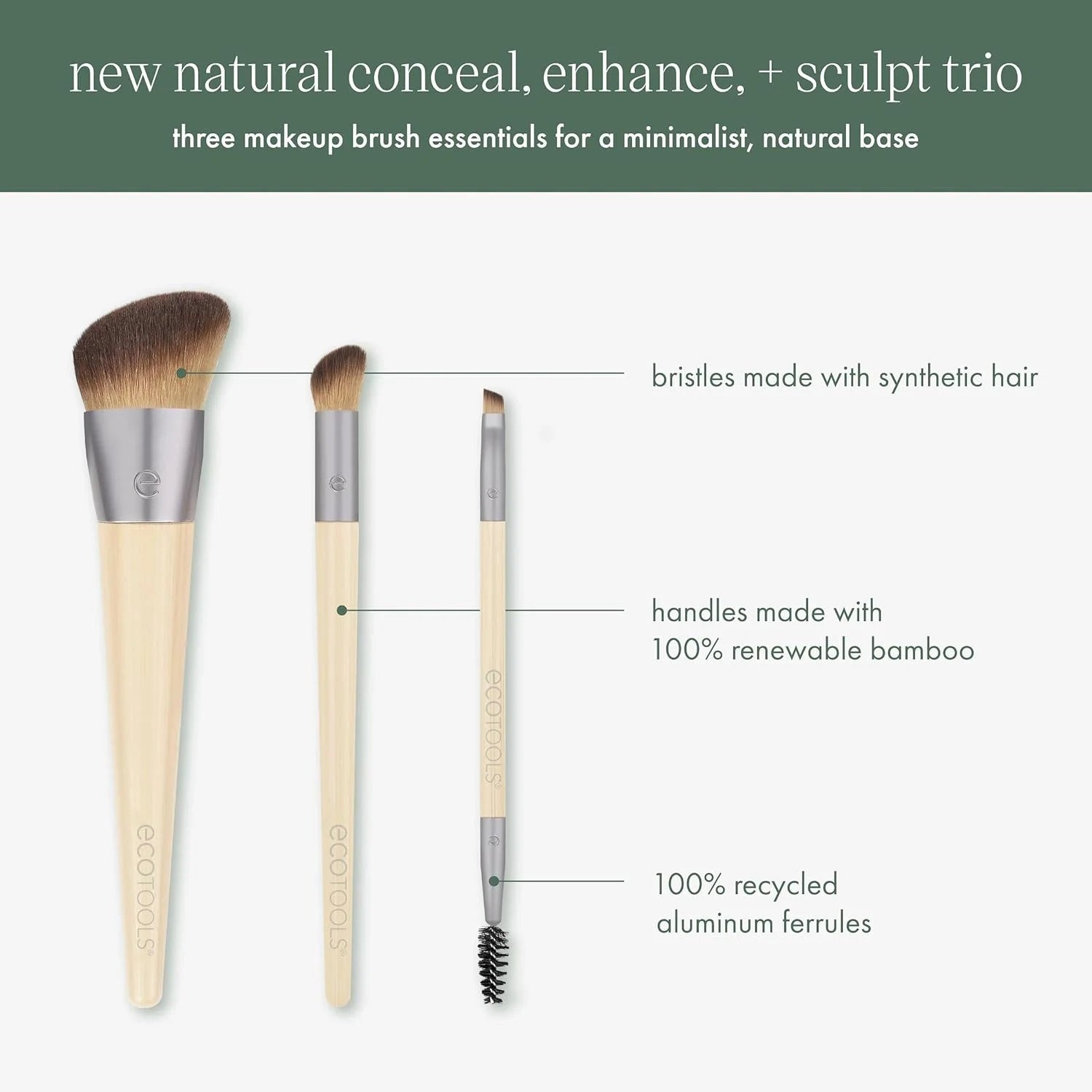 ست سه تایی براش آرایشی اکو تولز مدل Natural Conceal, Enhance, & Sculpt، براش های آرایشی برای کرم پودر، کانسیلر و ابرو، موهای متراکم و مصنوعی برای کانتور صورت، وگان و بدون تست حیوانی، 3 تکه ست سه تایی براش آرایشی اکو تولز مدل Natural Conceal, Enhance, & Sculpt، براش های آرایشی برای کرم پودر، کانسیلر و ابرو، موهای متراکم و مصنوعی برای کانتور صورت، وگان و بدون تست حیوانی، 3 تکه