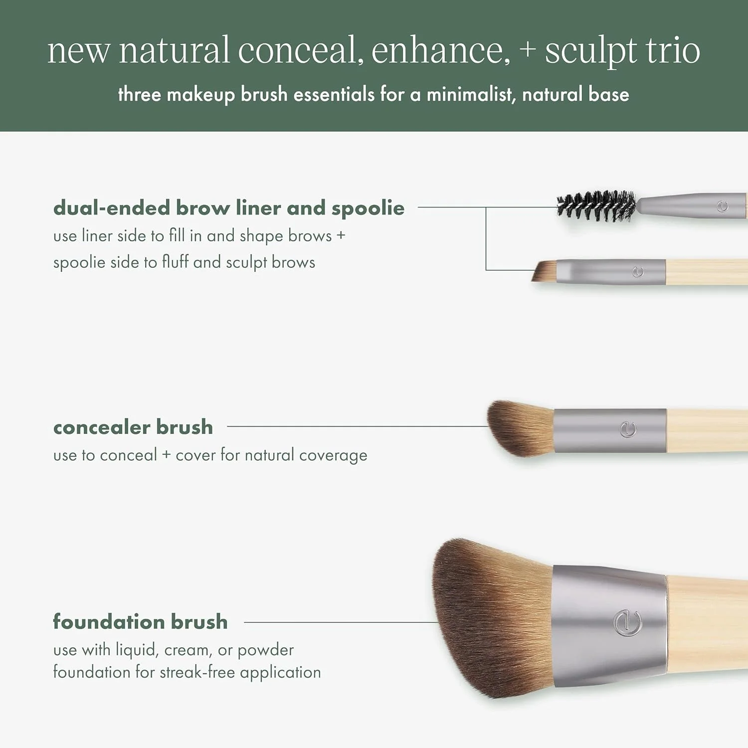ست سه تایی براش آرایشی اکو تولز مدل Natural Conceal, Enhance, & Sculpt، براش های آرایشی برای کرم پودر، کانسیلر و ابرو، موهای متراکم و مصنوعی برای کانتور صورت، وگان و بدون تست حیوانی، 3 تکه ست سه تایی براش آرایشی اکو تولز مدل Natural Conceal, Enhance, & Sculpt، براش های آرایشی برای کرم پودر، کانسیلر و ابرو، موهای متراکم و مصنوعی برای کانتور صورت، وگان و بدون تست حیوانی، 3 تکه