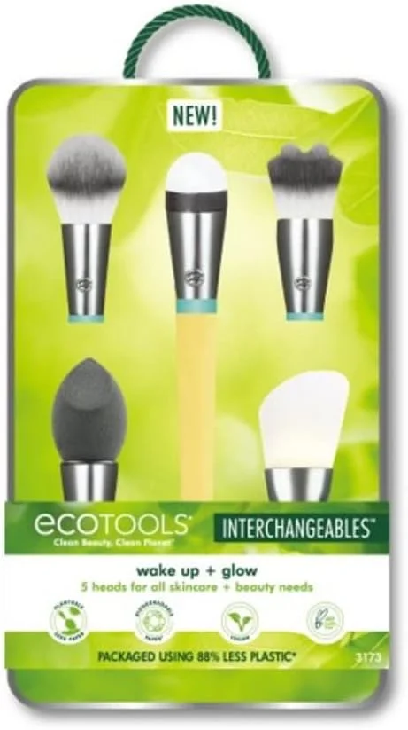 ست برس آرایشی قابل تعویض EcoTools Wake Up + Glow همراه با کیف، اسفنج آرایشی بیوتی بلندر، برس ماسک صورت سیلیکونی، ماساژور دور چشم (مجموعه 6 عددی)