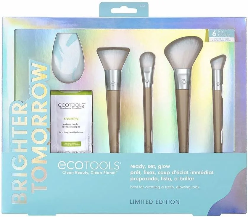 ست لوازم جانبی و پاک کننده آرایش نسخه محدود Ecotools Ready, Set, Glow - هدیه 6 تکه ابزار آرایش آبی برای همسر، دختر یا دوست دختر
