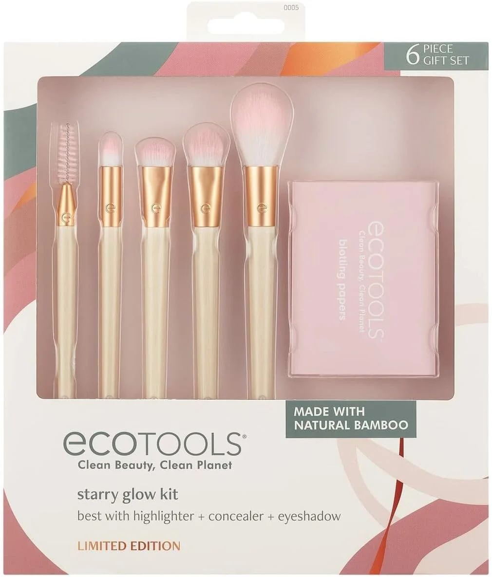 ست براش آرایشی ادیشن محدود اکو تولز طرح Starry Glow، مخصوص چشم، برای سایه، خط چشم و هایلایتر، کاغذهای خشک کن روغن اضافی، هدیه جوراب ساق بلند، ست هدیه 6 تکه، کرم