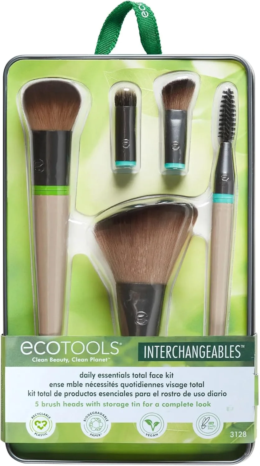 ست برس آرایشی صورت Ecotools Daily Essentials Interchangeables با 5 برس، 2 دسته و جعبه نگهداری، قهوه ای/مشکی