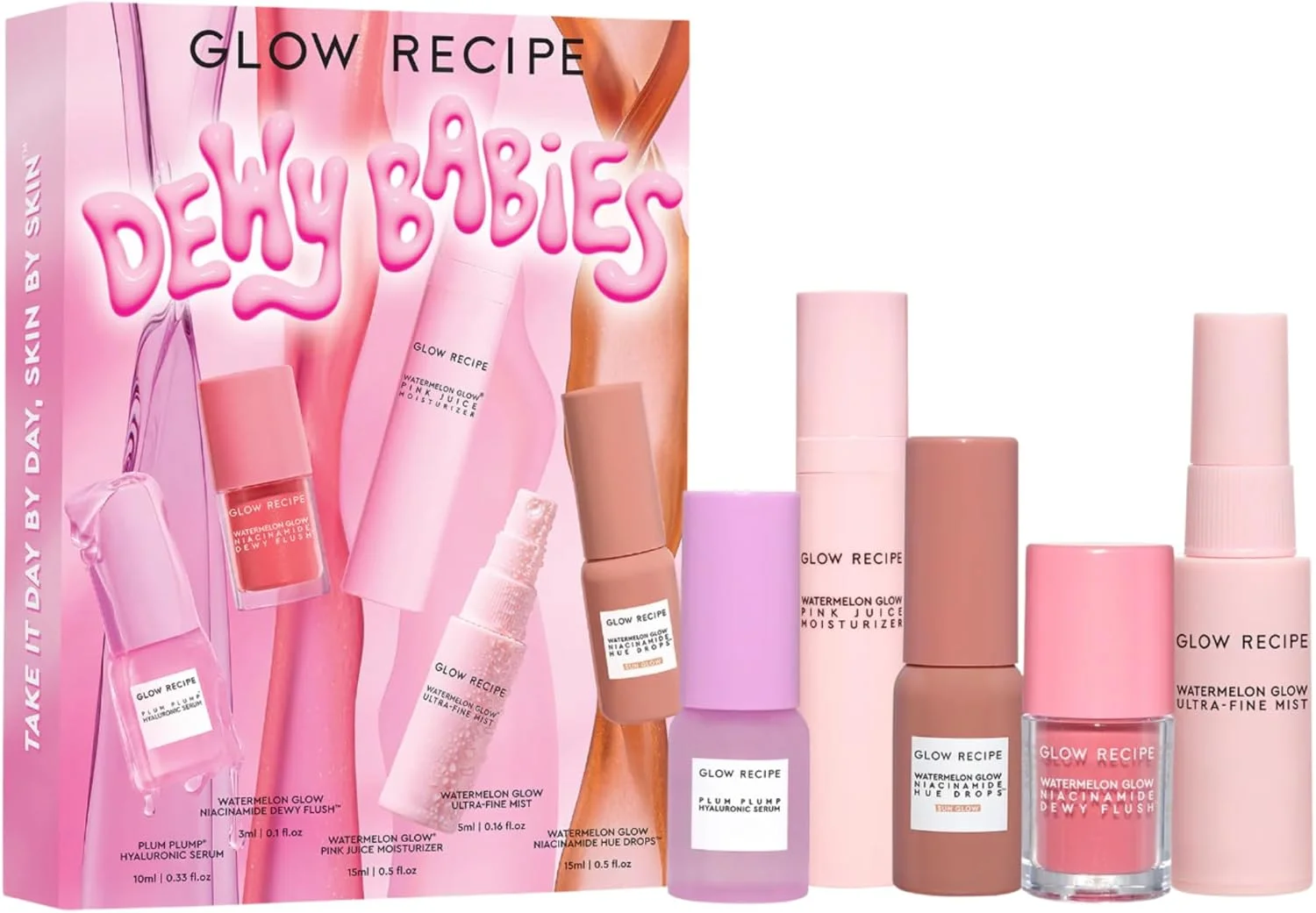 مجموعه مراقبت از پوست مسافرتی Glow Recipe Dewy Babies - سرم هیالورونیک اسید آلو + قطره رژگونه رنگی Dewy Flush + مرطوب کننده صورت Pink Juice + قطره های برنزه کننده Hue + غبار فوق العاده ریز صورت (5 عدد)