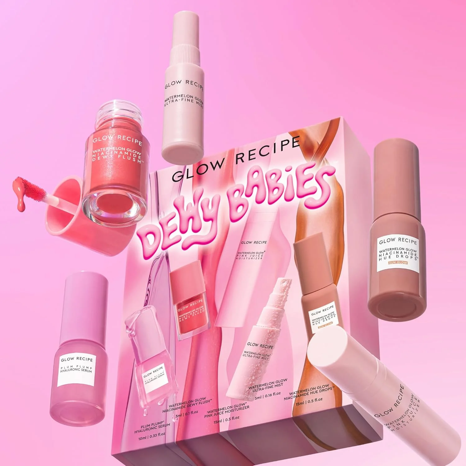 مجموعه مراقبت از پوست مسافرتی Glow Recipe Dewy Babies - سرم هیالورونیک اسید آلو + قطره رژگونه رنگی Dewy Flush + مرطوب کننده صورت Pink Juice + قطره های برنزه کننده Hue + غبار فوق العاده ریز صورت (5 عدد)