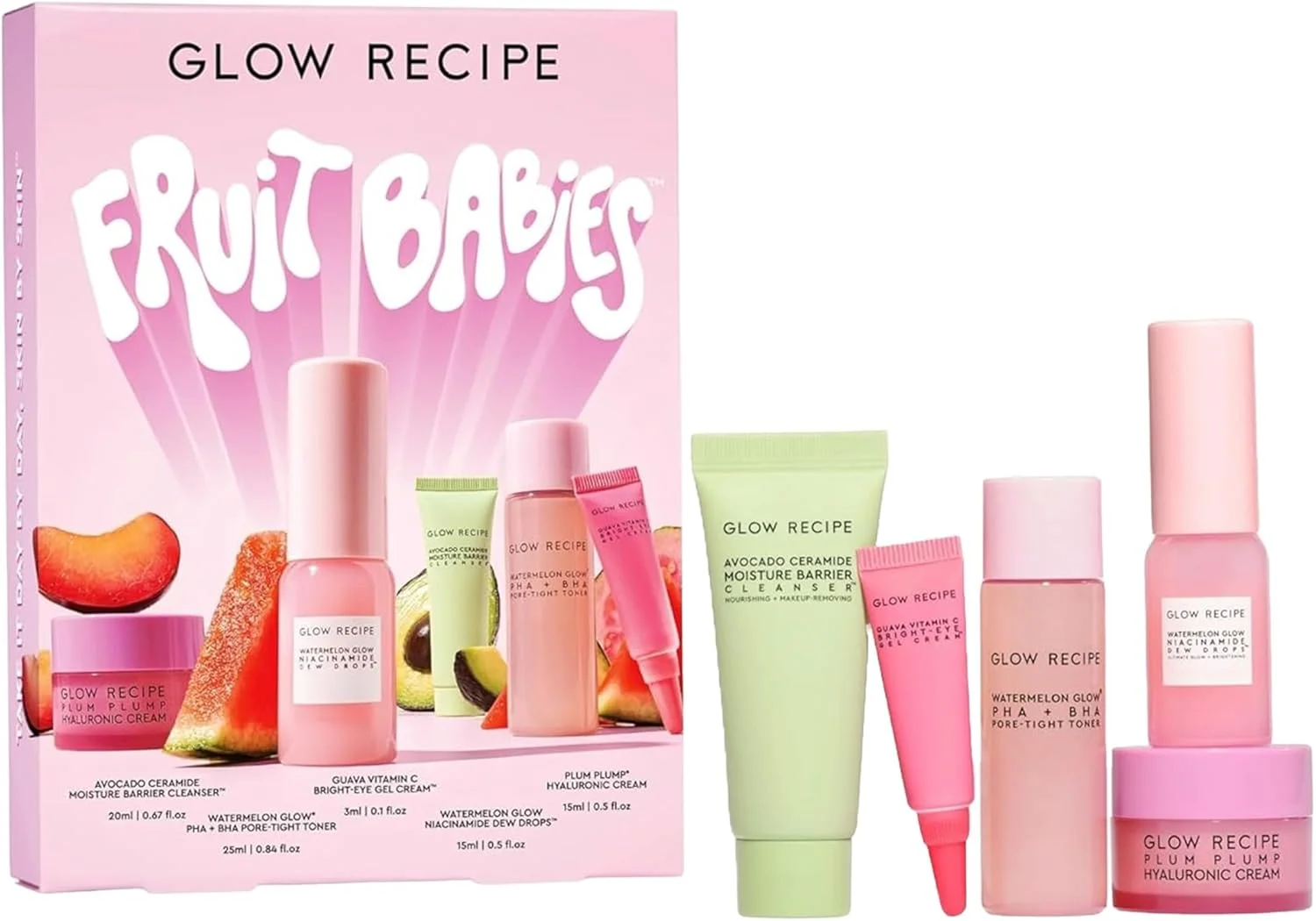 مجموعه مراقبت از پوست Glow Recipe Fruit Babies - ست هدیه شامل پاک کننده صورت سرامید، تونر BHA، کرم دور چشم ویتامین C، کرم اسید هیالورونیک و قطره شبنم نیاسینامید (5 عدد)