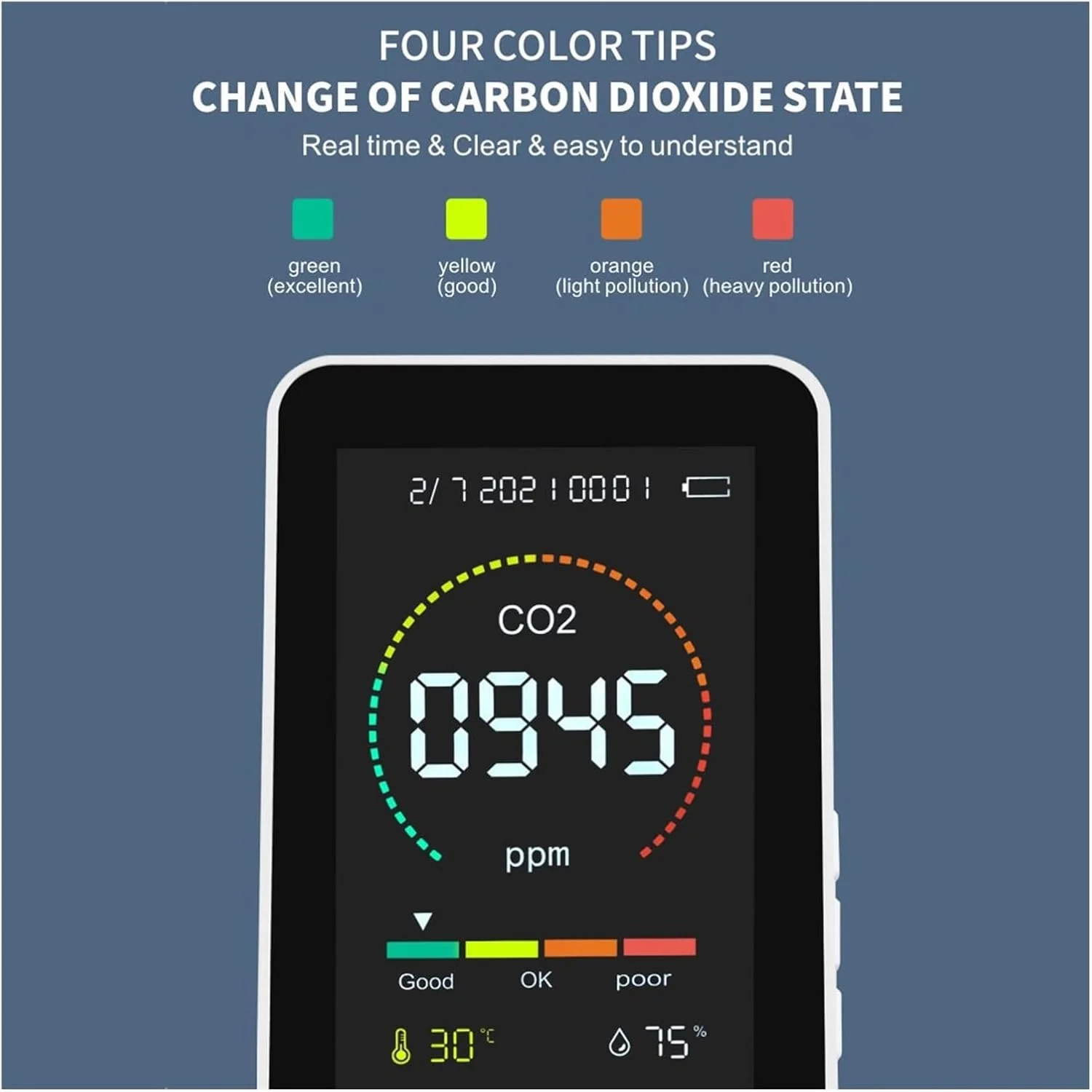 دستگاه تشخیص گاز، سنسور دما و رطوبت دیجیتال 3 در 1 CO2، مانیتور کیفیت هوا چند منظوره قابل حمل