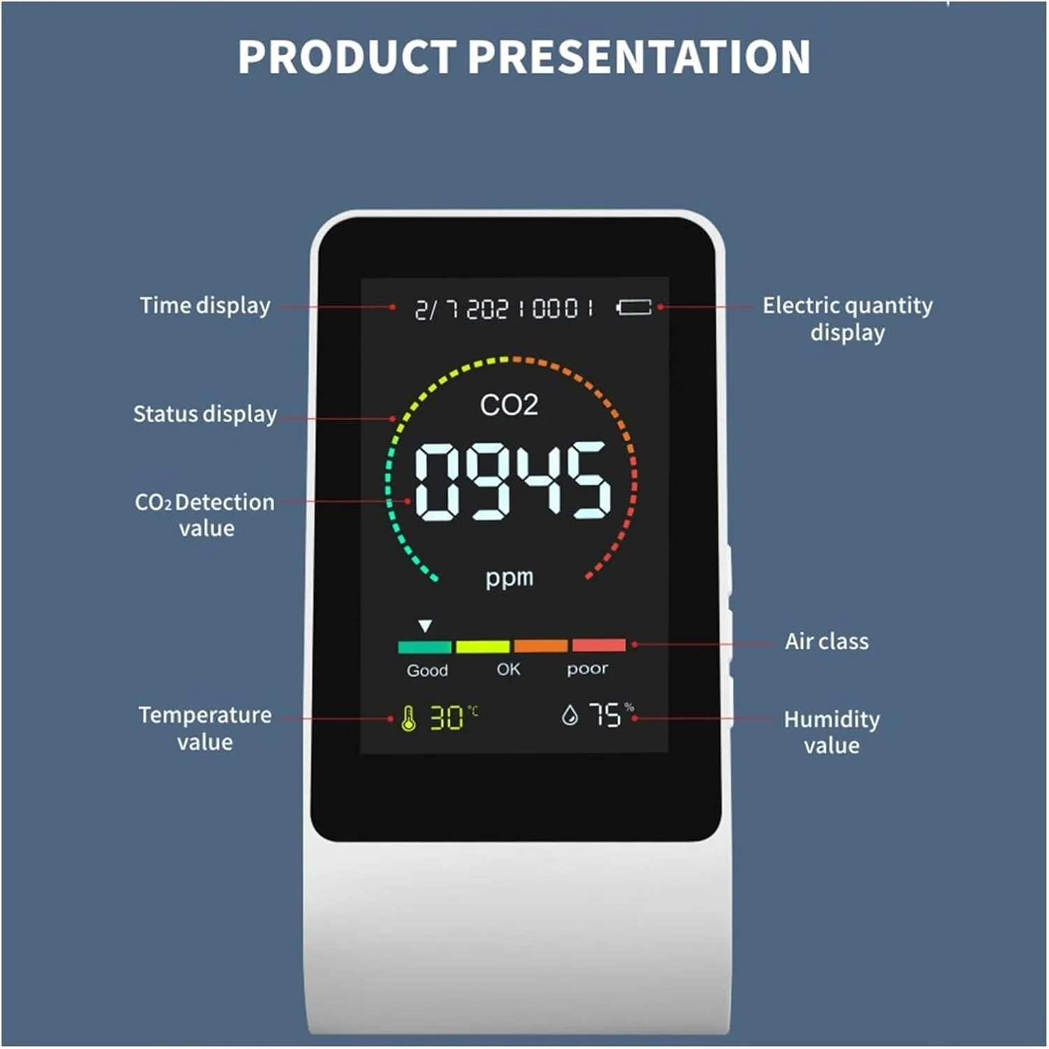 دستگاه تشخیص گاز، سنسور دما و رطوبت دیجیتال 3 در 1 CO2، مانیتور کیفیت هوا چند منظوره قابل حمل