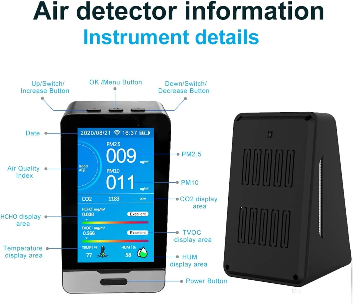 دستگاه تشخیص گاز HANEFRE Dienmer DM73B-wifi، اندازه گیری غلظت دی اکسید کربن، دستگاه سنجش CO2، دستگاه تشخیص گاز با دقت بالا، تستر سنسور صفحه نمایش PM2.5