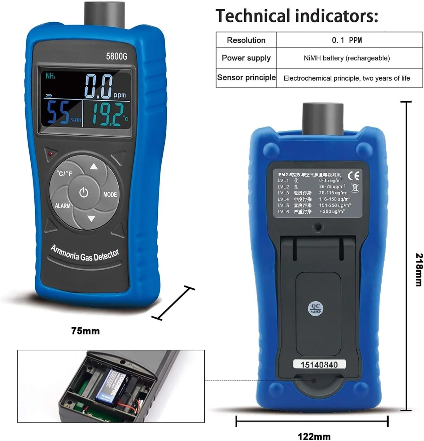 دتکتور گاز، مانیتور گاز آمونیاک، آشکارساز 0-100ppm، متر آشکارساز ذرات با باتری قابل شارژ USB برای صنعت، خانه، مزارع طیور