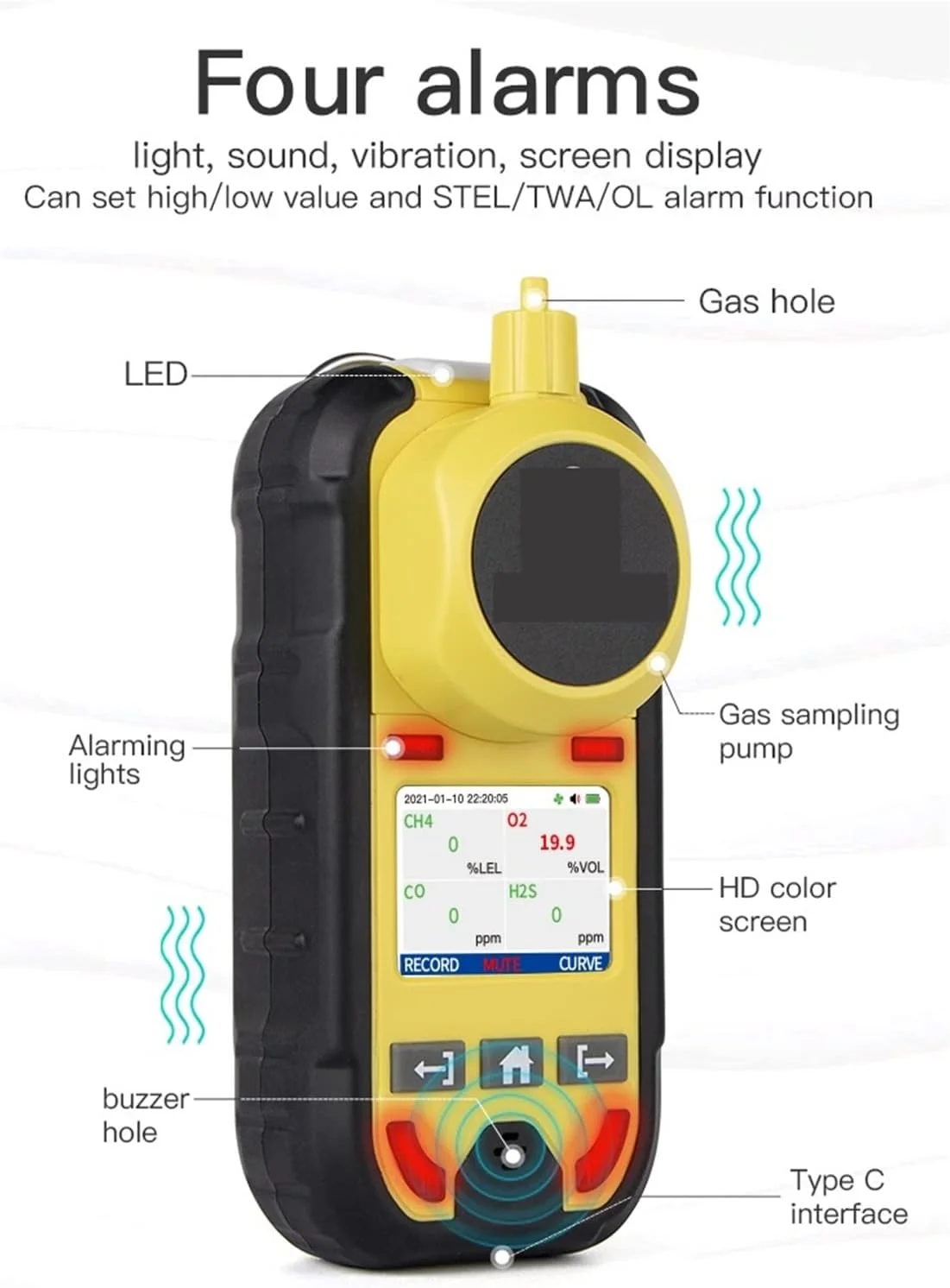 دتکتور گاز، آشکارساز گاز چند پمپ، گازسنج O2 H2S CO LEL 4 در 1 اکسیژن سولفید هیدروژن آشکارساز نشت مونوکسید کربن (بدون پمپ)