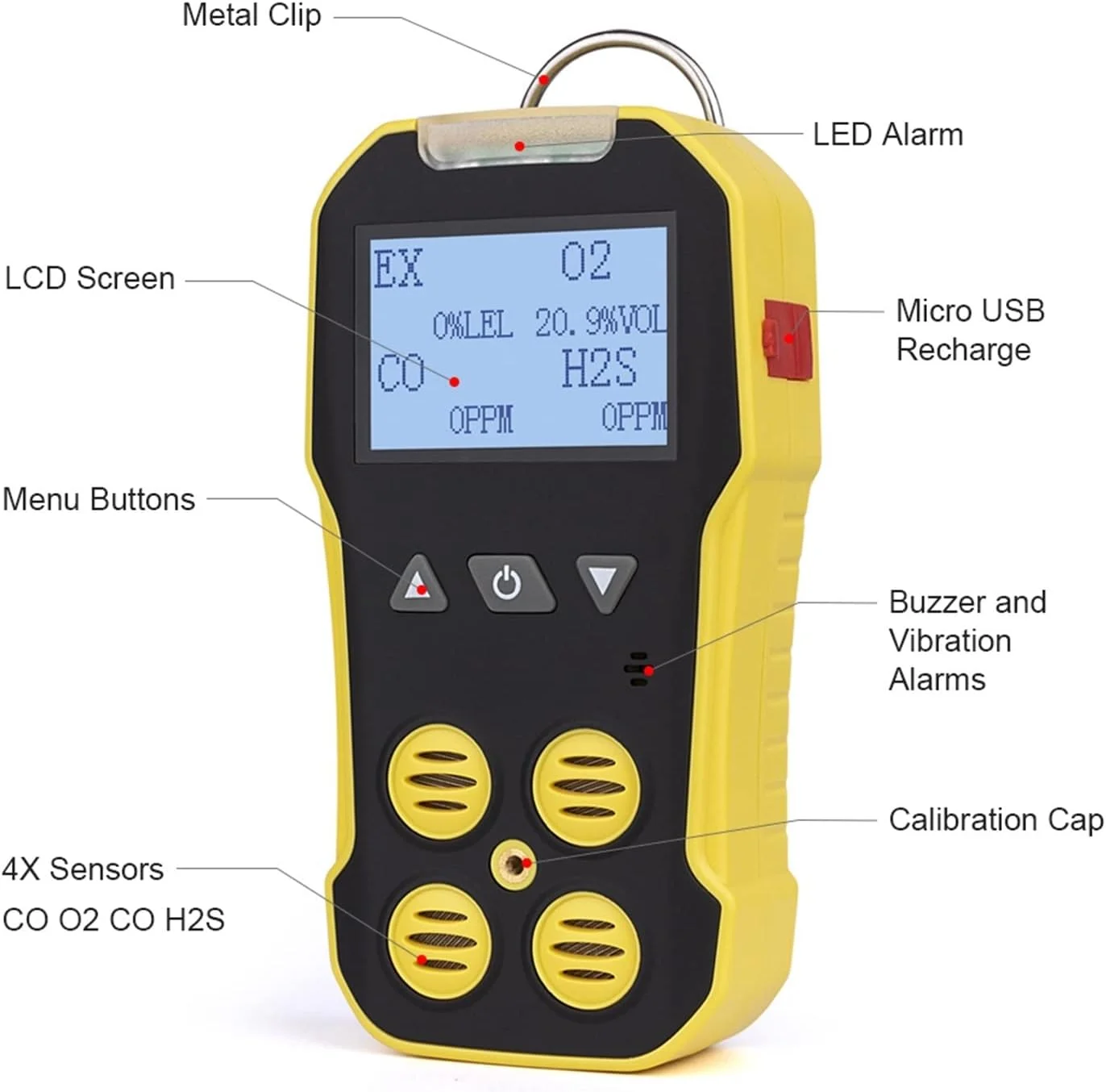 دتکتور گاز، آشکارساز گاز چندگانه O2 H2S CO LEL 4 در 1، سنجشگر گاز اکسیژن، سولفید هیدروژن، مونوکسید کربن، آشکارساز نشت گاز قابل اشتعال (BH-4A)