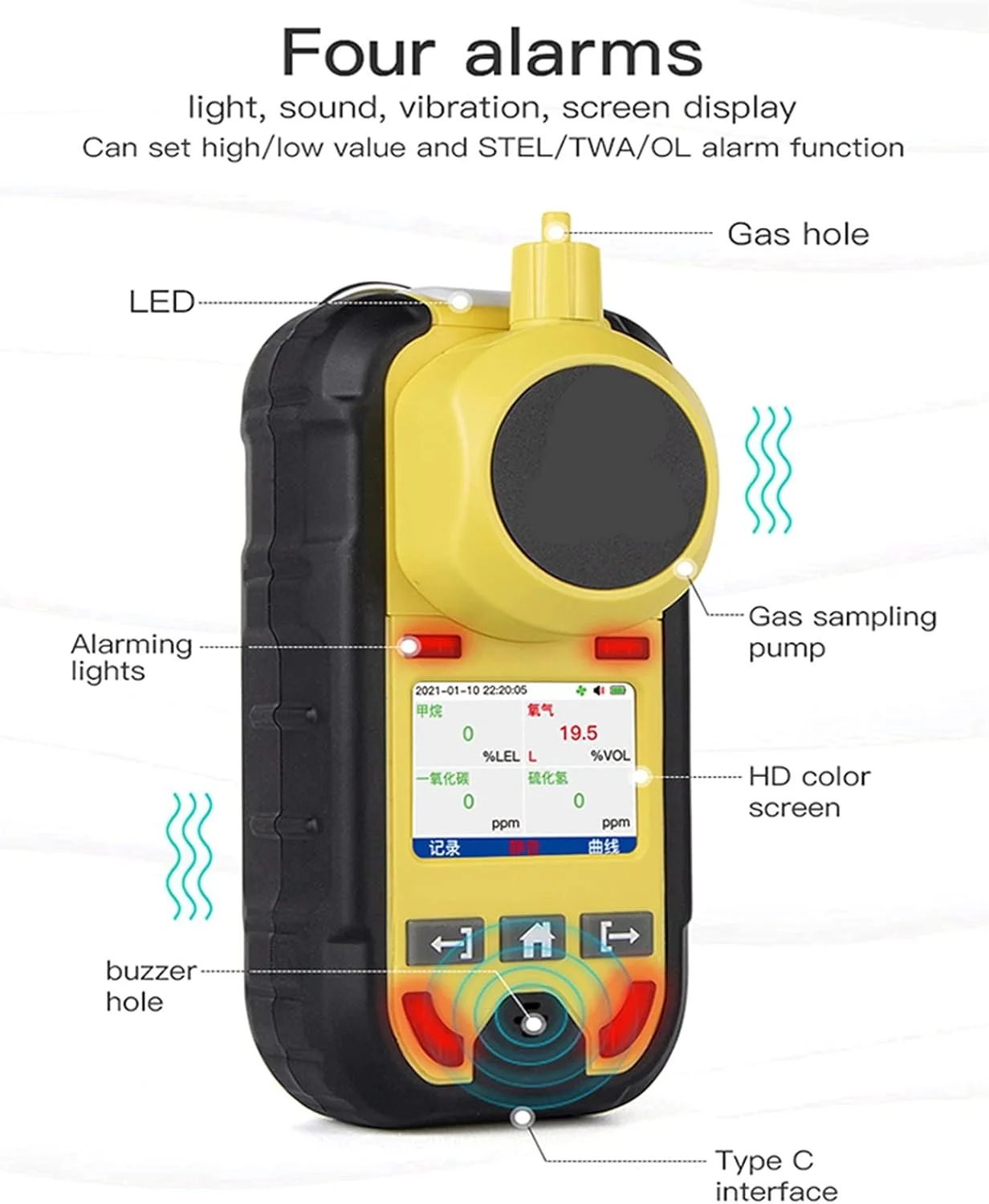 دتکتور گاز، پمپ چندگانه آشکارساز گاز متر O2 H2S Co LEL 4 در 1 سولفید هیدروژن اکسیژن مونوکسید کربن (بدون پمپ)