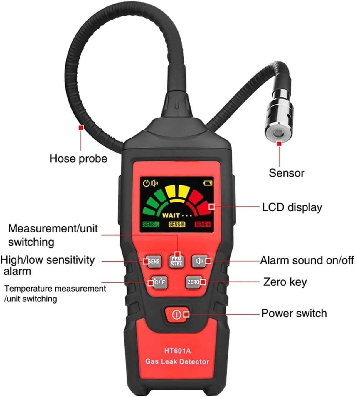 دتکتور گاز، دستگاه تشخیص نشت گاز طبیعی HT601A 50-1000PPM آلارم صوتی و صفحه نمایش، آشکارساز نشت گاز متان قابل اشتعال و احتراق دتکتور گاز، دستگاه تشخیص نشت گاز طبیعی HT601A 50-1000PPM آلارم صوتی و صفحه نمایش، آشکارساز نشت گاز متان قابل اشتعال و احتراق