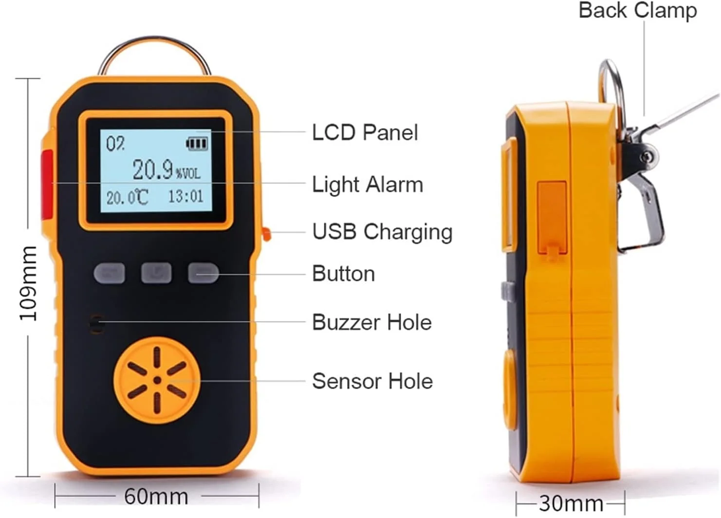 دتکتور گاز، آشکارساز اکسیژن قابل حمل صنعتی حرفه ای، آنالایزر گاز O2 متر، نظارت بر اندازه گیری 0-30٪ VOL صدا و لرزش نور