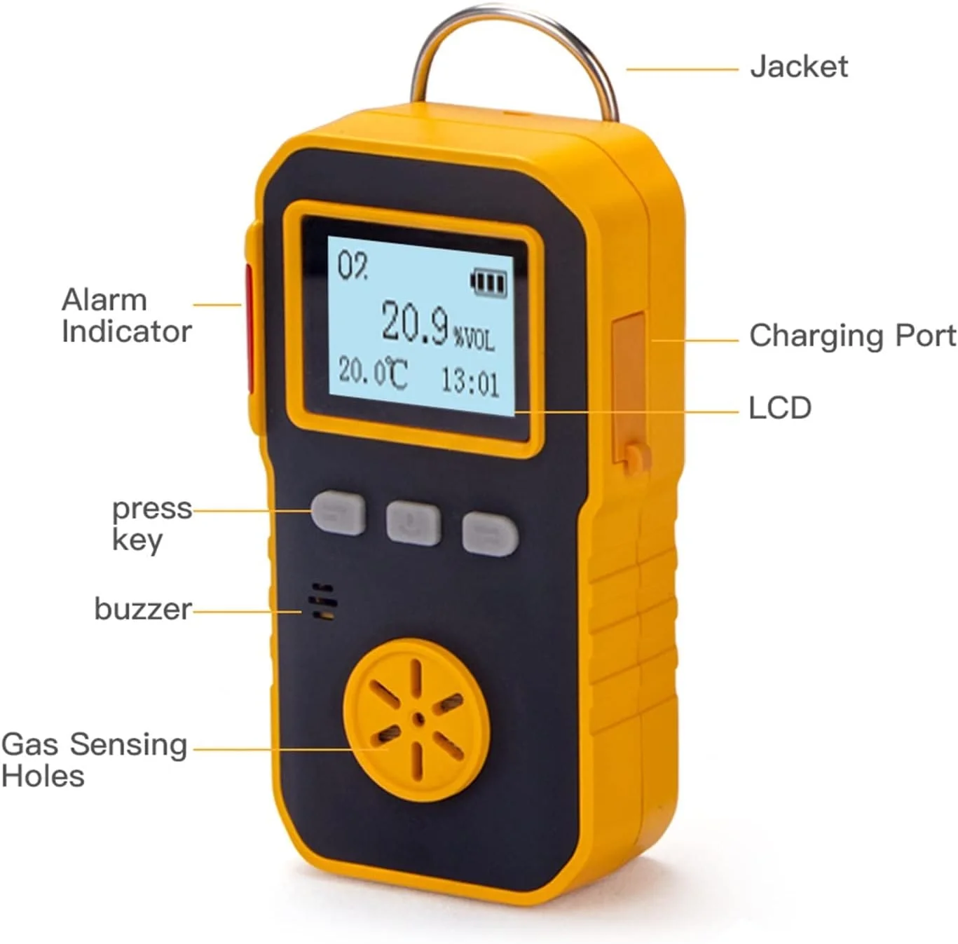 دتکتور گاز، آشکارساز اکسیژن قابل حمل صنعتی حرفه ای، آنالایزر گاز O2 متر، نظارت بر اندازه گیری 0-30٪ VOL صدا و لرزش نور