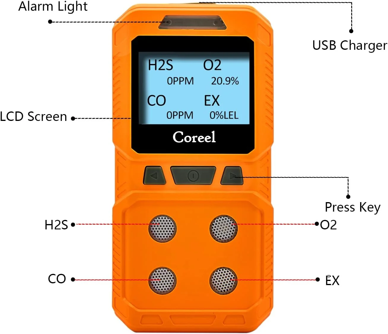 دستگاه تشخیص گاز 4 گانه Coreel، مانیتور گاز قابل حمل CO، H2S، O2، EX - آماده استفاده (نارنجی) دستگاه تشخیص گاز 4 گانه Coreel، مانیتور گاز قابل حمل CO، H2S، O2، EX - آماده استفاده (نارنجی)