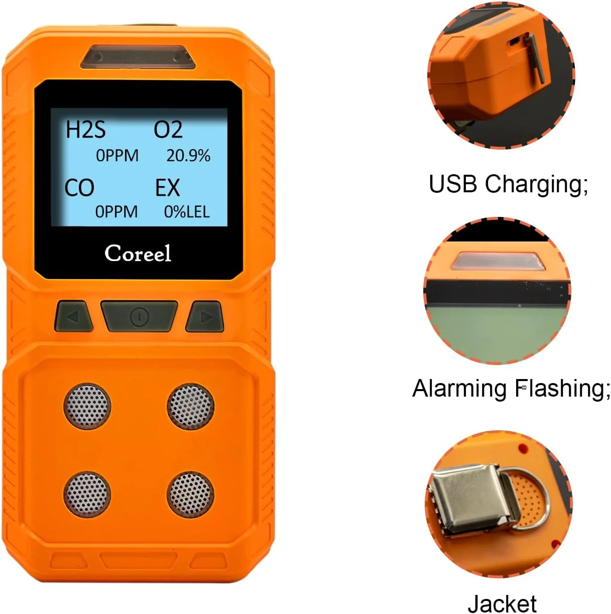 دستگاه تشخیص گاز 4 گانه Coreel، مانیتور گاز قابل حمل CO، H2S، O2، EX - آماده استفاده (نارنجی) دستگاه تشخیص گاز 4 گانه Coreel، مانیتور گاز قابل حمل CO، H2S، O2، EX - آماده استفاده (نارنجی)