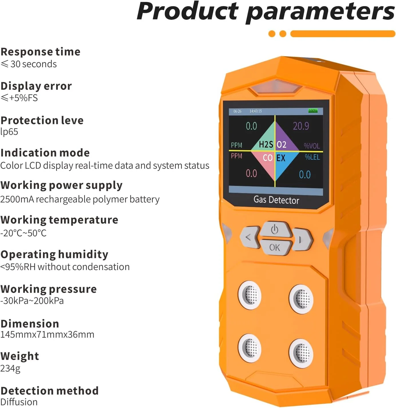 مانیتور 4 گازه، قابل تشخیص O2 CO، H2S و LEL. نمایش داده منحنی گاز چند کاناله در زمان واقعی. صفحه نمایش LCD رنگی HD. با آلارم های لرزشی، بصری و شنیداری. مانیتور 4 گازه، قابل تشخیص O2 CO، H2S و LEL. نمایش داده منحنی گاز چند کاناله در زمان واقعی. صفحه نمایش LCD رنگی HD. با آلارم های لرزشی، بصری و شنیداری.