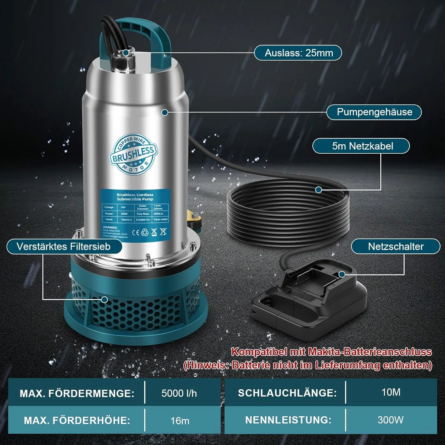 پمپ شناور سازگار با باتری 18 ولت ماکیتا (بدون باتری) - پمپ آب بی سیم 5000 لیتر در ساعت با شلنگ 10 متری، کابل اتصال 5 متری - ایده آل برای استخر، تخت آبی، آبیاری باغ، موتور بدون جاروبک پمپ شناور سازگار با باتری 18 ولت ماکیتا (بدون باتری) - پمپ آب بی سیم 5000 لیتر در ساعت با شلنگ 10 متری، کابل اتصال 5 متری - ایده آل برای استخر، تخت آبی، آبیاری باغ، موتور بدون جاروبک