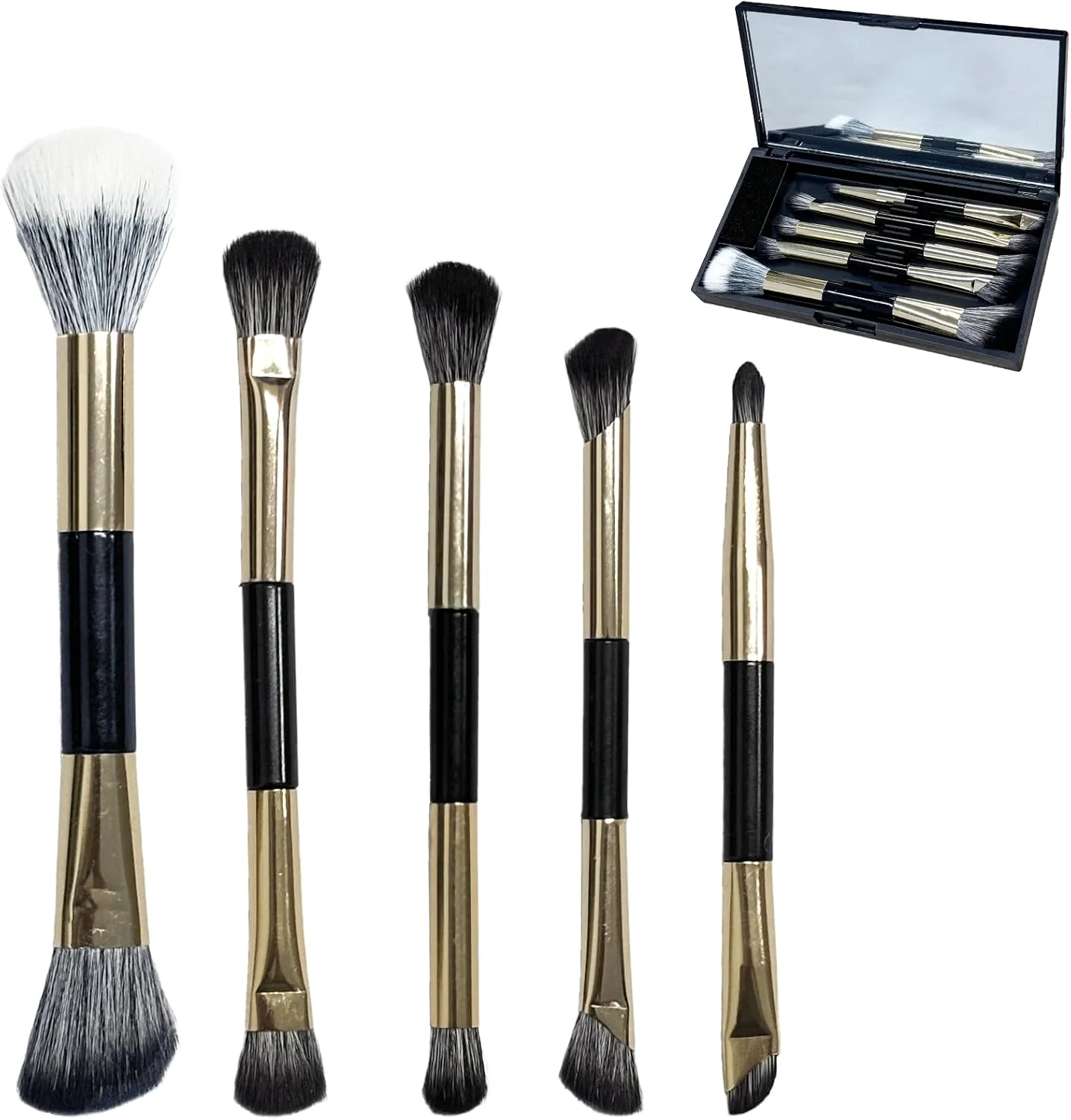 ست براش سایه چشم دو طرفه، ست براش آرایشی کابوکی، براش زاویه دار کرم پودر، براش کانتور بینی و صورت، براش ترکیب سایه ابرو و خط چشم، کیت آرایشی مسافرتی با آینه فشرده قابل حمل، 5 تکه طلایی