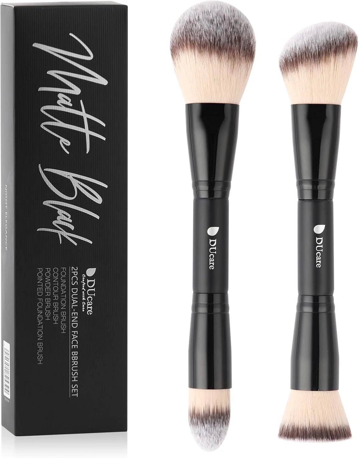 ست برس آرایشی دو طرفه DUcare شامل برس کرم پودر، کانتور، پودر و براش بافر، برس دوگانه برنزر، 2 عددی، مشکی