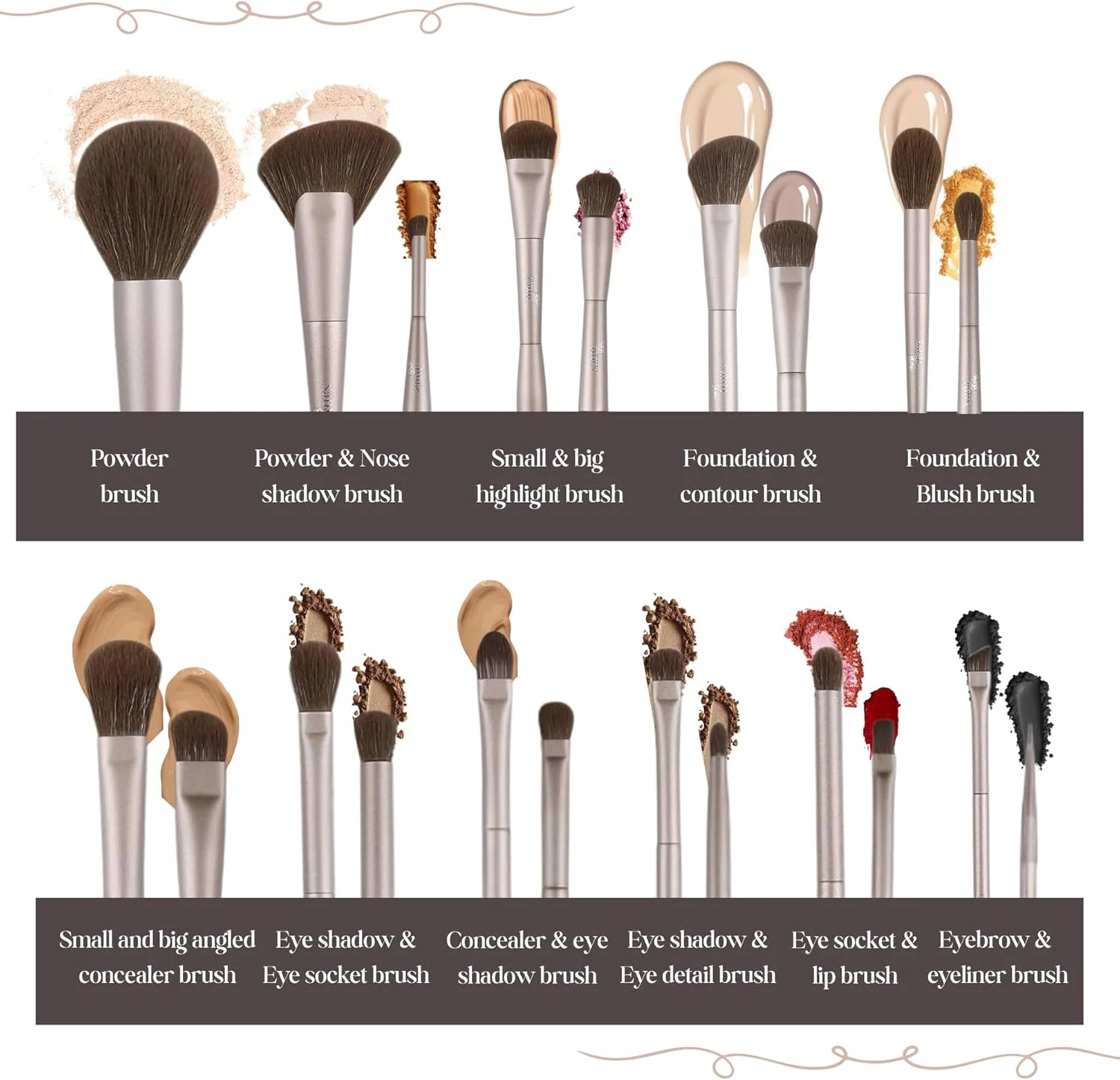 ست براش آرایشی دو سر (11 تکه) - شامل براش های کرم پودر، پودر، کانسیلر، هایلایتر، کانتور، سایه چشم و رژگونه - براش آرایش صورت و چشم با موهای مصنوعی