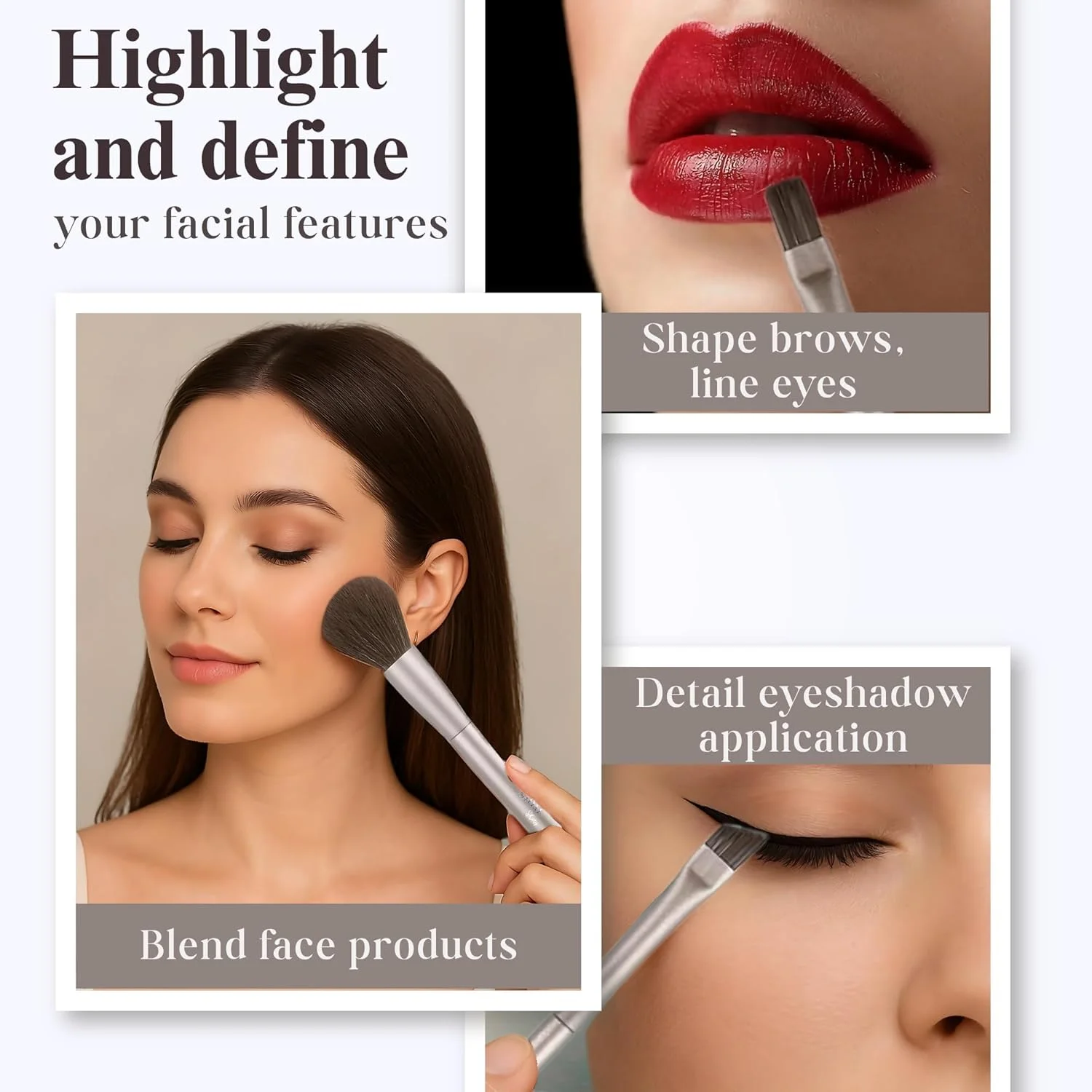 ست براش آرایشی دو سر (11 تکه) - شامل براش های کرم پودر، پودر، کانسیلر، هایلایتر، کانتور، سایه چشم و رژگونه - براش آرایش صورت و چشم با موهای مصنوعی