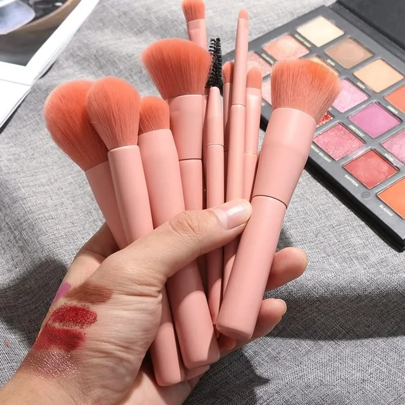 ست براش آرایشی دو سر 10 عددی با دسته چوبی و رنگ پخت، ست کامل براش، براش پودر، ابزار آرایشی با موهای نرم و لطیف