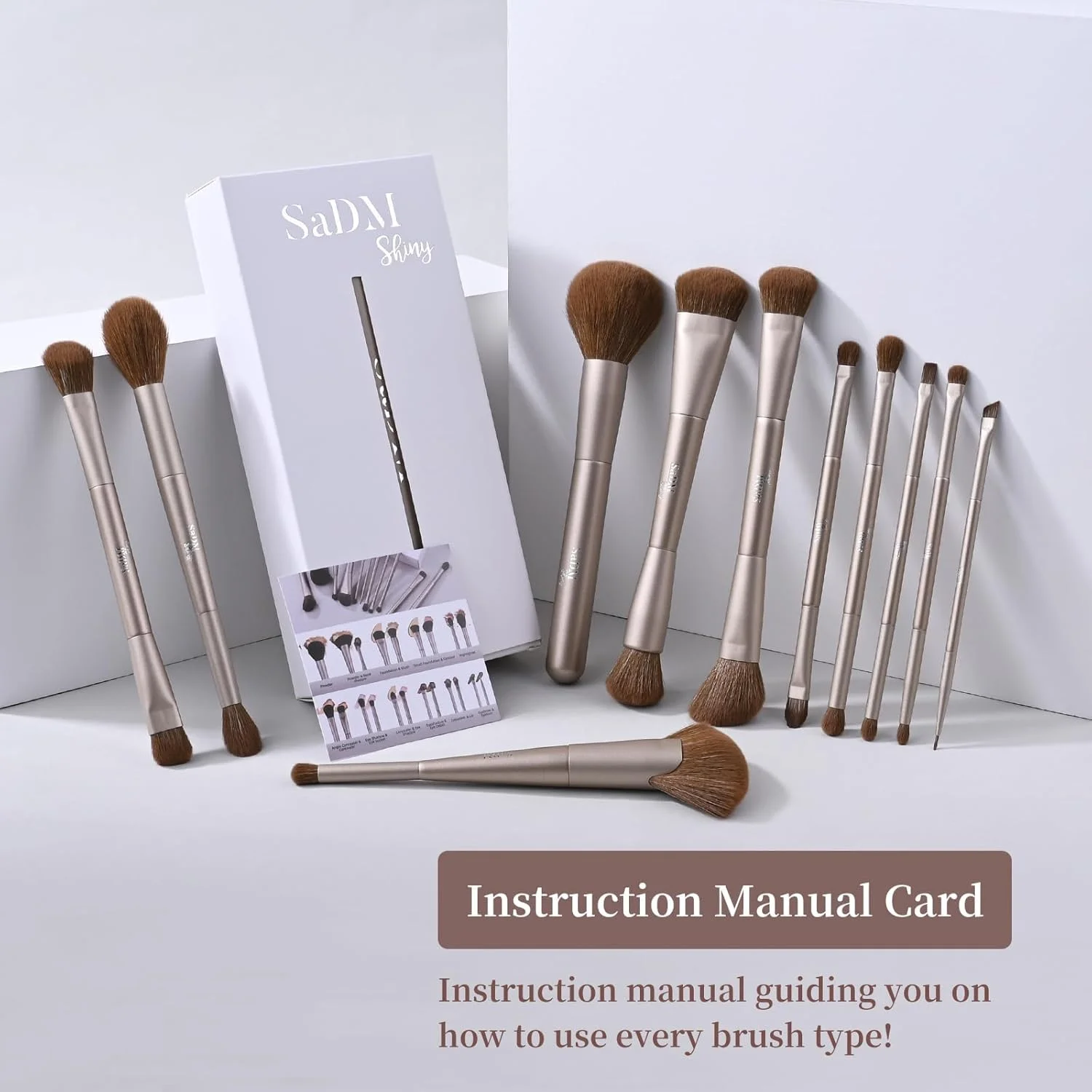 ست براش آرایشی دو سر (11 تکه) - شامل براش های کرم پودر، پودر، کانسیلر، هایلایتر، کانتور، سایه چشم و رژگونه - براش آرایش صورت و چشم با موهای مصنوعی