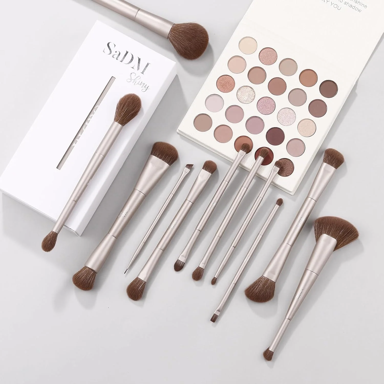 ست براش آرایشی دو سر (11 تکه) - شامل براش های کرم پودر، پودر، کانسیلر، هایلایتر، کانتور، سایه چشم و رژگونه - براش آرایش صورت و چشم با موهای مصنوعی