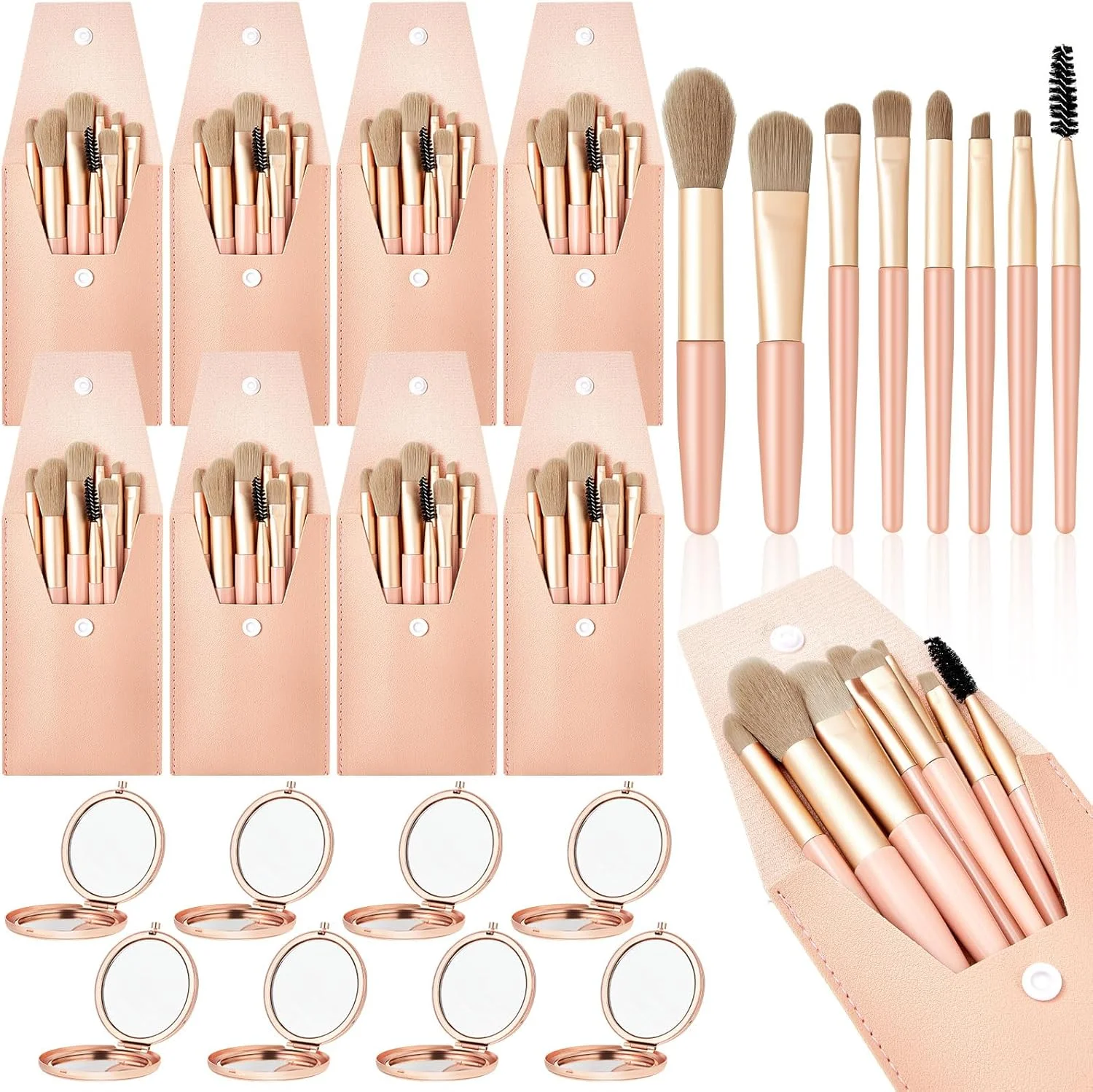 ست 8 عددی برس آرایشی مسافرتی Domensi، برس های آرایشی فله ای کوچک با کیف، آینه های ساقدوش عروس، هدیه عروسی، آینه جیبی فشرده بزرگنمایی کننده برای زنان، مهمانی پیشنهاد عروس