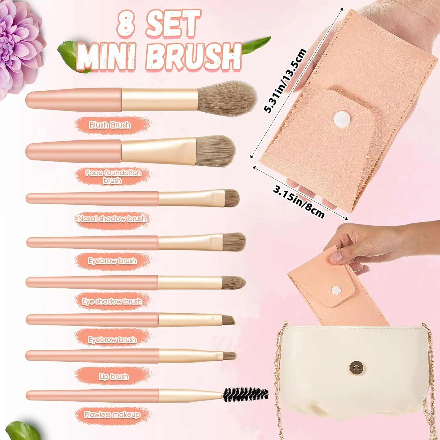 ست 8 عددی برس آرایشی مسافرتی Domensi، برس های آرایشی فله ای کوچک با کیف، آینه های ساقدوش عروس، هدیه عروسی، آینه جیبی فشرده بزرگنمایی کننده برای زنان، مهمانی پیشنهاد عروس