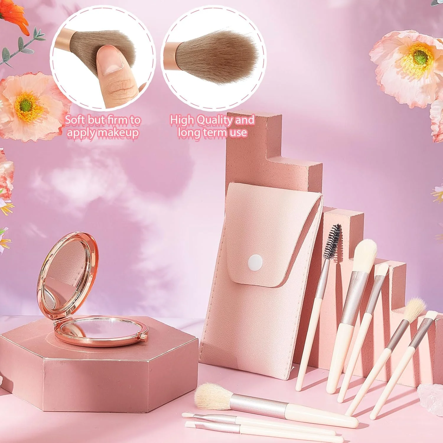 ست 8 عددی برس آرایشی مسافرتی Domensi، برس های آرایشی فله ای کوچک با کیف، آینه های ساقدوش عروس، هدیه عروسی، آینه جیبی فشرده بزرگنمایی کننده برای زنان، مهمانی پیشنهاد عروس