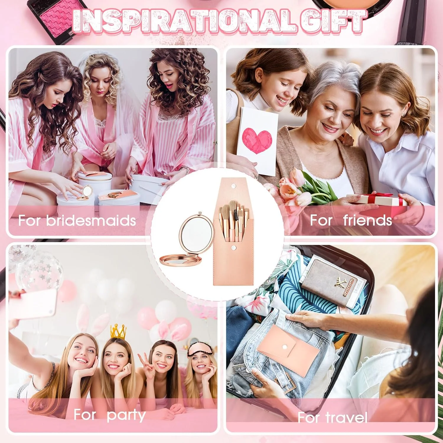 ست 8 عددی برس آرایشی مسافرتی Domensi، برس های آرایشی فله ای کوچک با کیف، آینه های ساقدوش عروس، هدیه عروسی، آینه جیبی فشرده بزرگنمایی کننده برای زنان، مهمانی پیشنهاد عروس