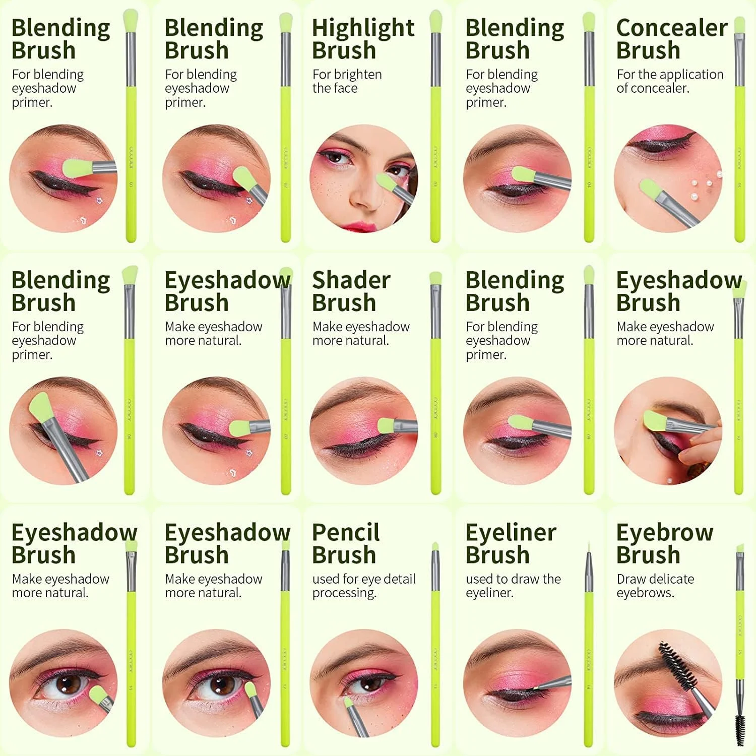 docolor ست برس سایه چشم 15 عددی، برس های آرایش چشم حرفه ای با دسته های چوبی ممتاز برای سایه چشم، کانسیلر، ابرو، مژه و خط چشم سبز نئونی docolor ست برس سایه چشم 15 عددی، برس های آرایش چشم حرفه ای با دسته های چوبی ممتاز برای سایه چشم، کانسیلر، ابرو، مژه و خط چشم سبز نئونی