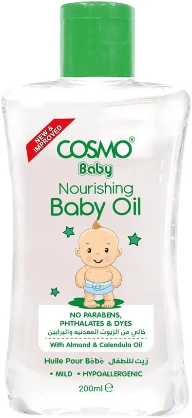 روغن بچه مغذی سی دی COSMO DESIGNS، 200 میلی لیتر، حاوی عصاره روغن بادام و گل همیشه بهار، مرطوب کننده، فاقد پارابن، فاقد فتالات، روغن صورت و بدن، استفاده روزانه، مراقبت از پوست، روغن های بچه