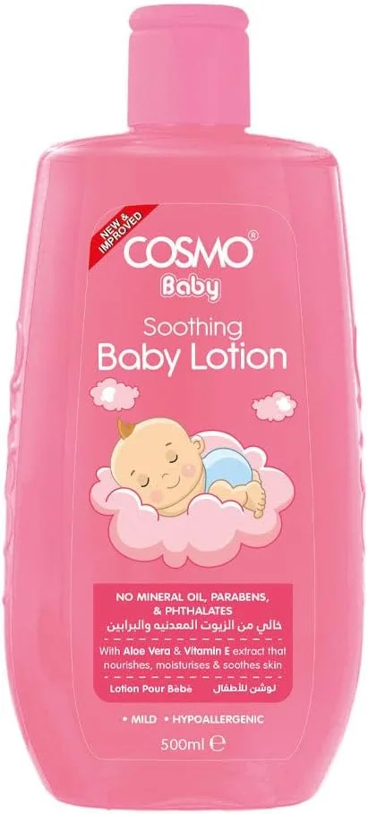لوسیون تسکین دهنده کودک سی دی کوزمو دیزاینز، 500 میلی لیتر، صورتی، مرطوب کننده، مغذی، مناسب پوست حساس، بدون روغن معدنی، بدون پارابن، بدون فتالات، لوسیون صورت و بدن، استفاده روزانه، مراقبت از پوست
