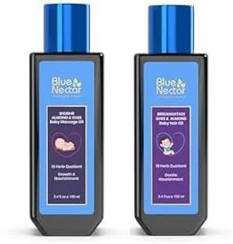 روغن ماساژ کودک ملایم آیورودا بلو نکتار برای مراقبت از پوست نوزاد - روغن ماساژ مرطوب کننده کودک (100 میلی لیتر) به همراه روغن موی کودک با روغن حیوانی ارگانیک، روغن بادام، روغن نارگیل (100 میلی لیتر)