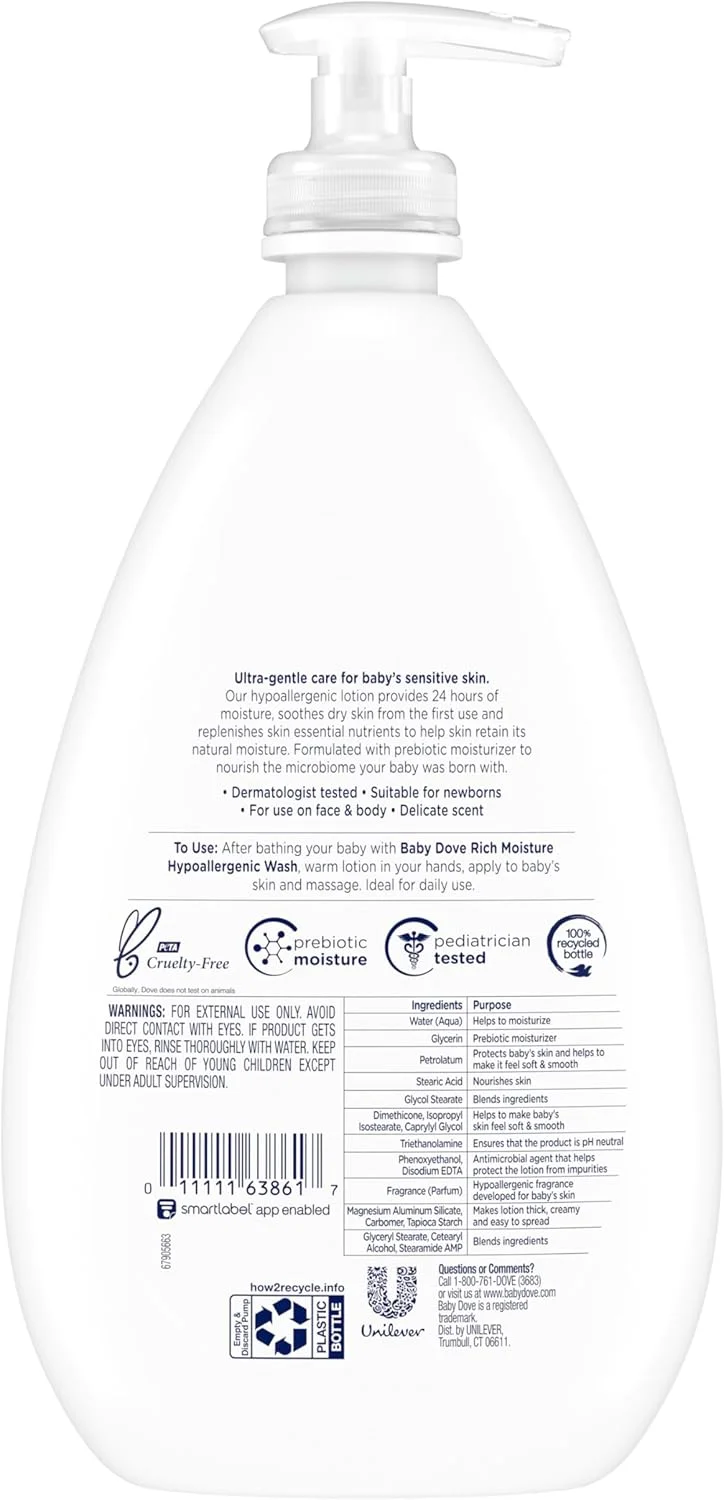 لوسیون بدن کودک Baby Dove مراقبت از پوست حساس، مرطوب کننده غنی برای پوست لطیف کودک با مرطوب کننده 24 ساعته، 591 میلی لیتر (بسته بندی ممکن است متفاوت باشد)