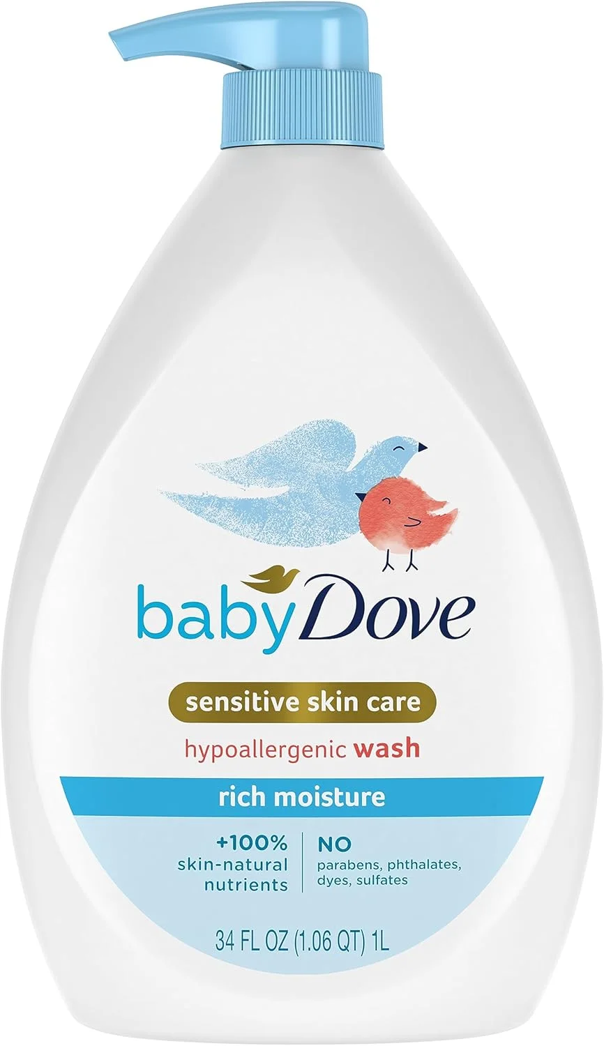 شامپو سر و بدن کودک Baby Dove مخصوص پوست های حساس، مرطوب کننده غنی، مناسب حمام کودک، بدون اشک و ضد حساسیت، 1005 میلی لیتر