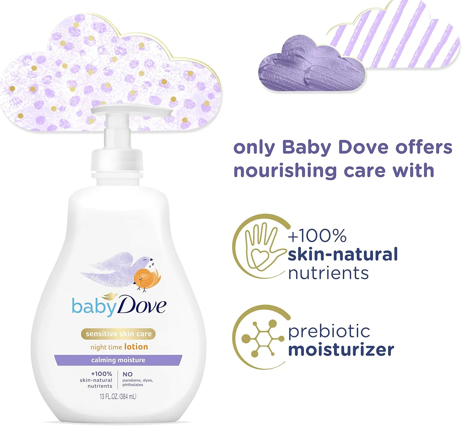 لوسیون کودک Baby Dove مراقبت از پوست حساس، لوسیون معطر آرامش بخش، مرطوب کننده تسکین دهنده، ضد حساسیت و تست شده توسط متخصص پوست، 384 میلی لیتر