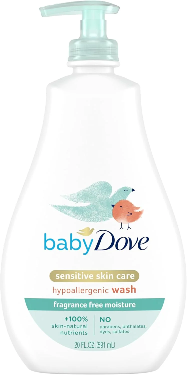 شامپو سر و بدن کودک Baby Dove مخصوص پوست حساس، بدون عطر، مرطوب کننده، ضد حساسیت، از بین برنده باکتری، 591 میلی لیتر