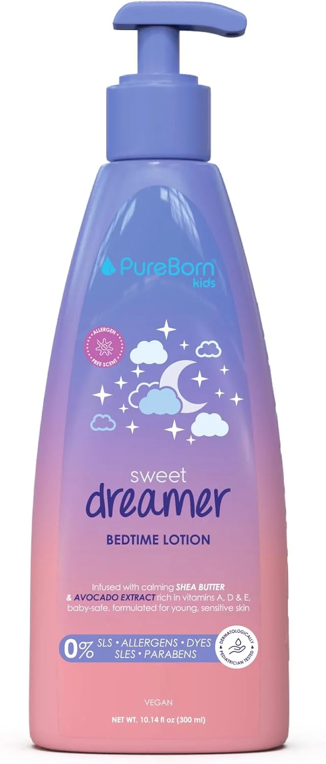 لوسیون قبل از خواب کودک Pureborn Skin Care Sweet Dreamer - حاوی شی باتر و آووکادو - حفظ رطوبت - آبرسان - ملایم - برای پوست های جوان و حساس - بدون SLS، رنگ، پارابن - ایمن برای کودک - وگان - 300 میلی لیتر