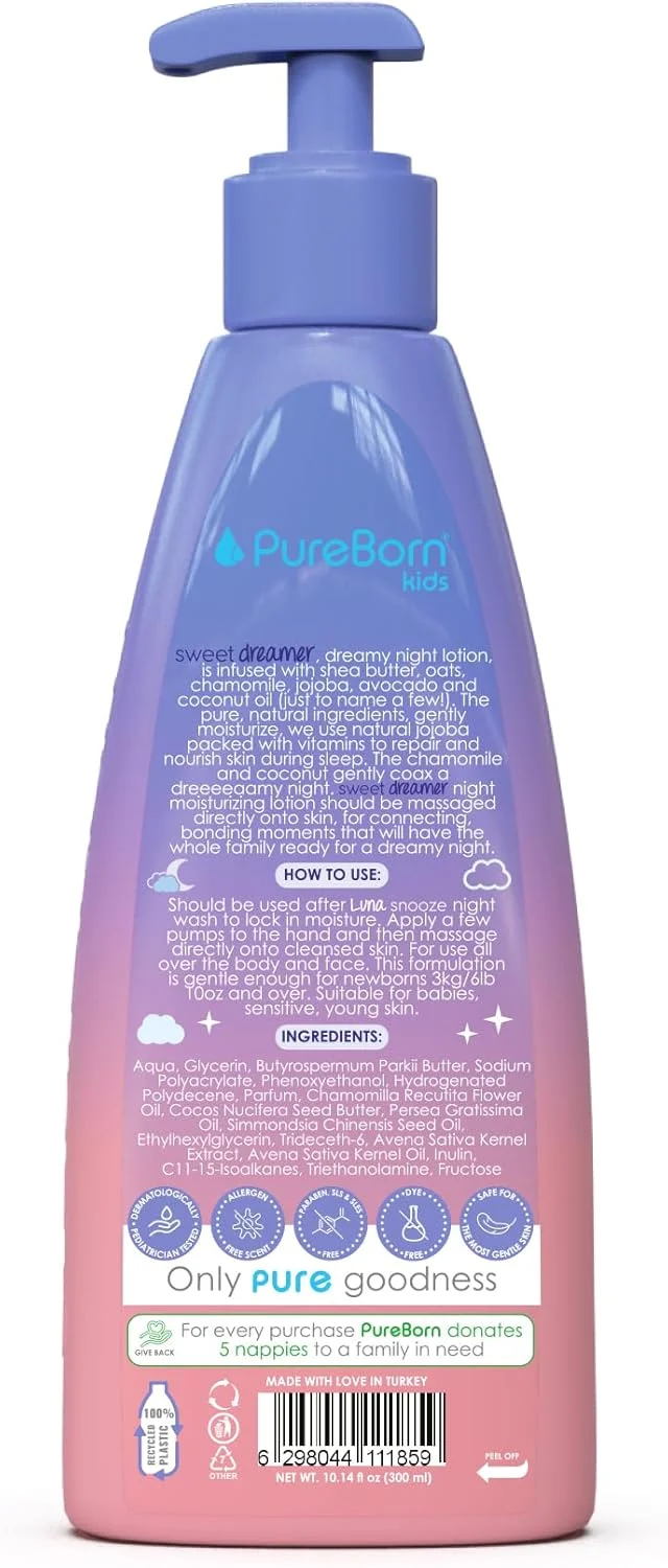 لوسیون قبل از خواب کودک Pureborn Skin Care Sweet Dreamer - حاوی شی باتر و آووکادو - حفظ رطوبت - آبرسان - ملایم - برای پوست های جوان و حساس - بدون SLS، رنگ، پارابن - ایمن برای کودک - وگان - 300 میلی لیتر لوسیون قبل از خواب کودک Pureborn Skin Care Sweet Dreamer - حاوی شی باتر و آووکادو - حفظ رطوبت - آبرسان - ملایم - برای پوست های جوان و حساس - بدون SLS، رنگ، پارابن - ایمن برای کودک - وگان - 300 میلی لیتر
