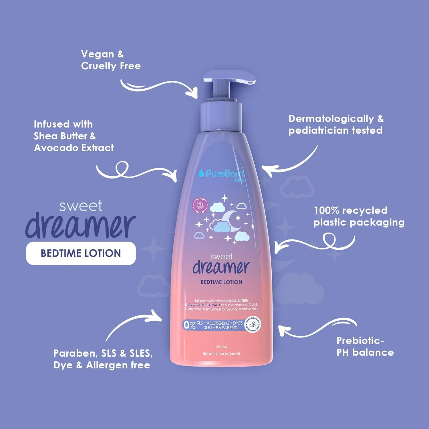 لوسیون قبل از خواب کودک Pureborn Skin Care Sweet Dreamer - حاوی شی باتر و آووکادو - حفظ رطوبت - آبرسان - ملایم - برای پوست های جوان و حساس - بدون SLS، رنگ، پارابن - ایمن برای کودک - وگان - 300 میلی لیتر لوسیون قبل از خواب کودک Pureborn Skin Care Sweet Dreamer - حاوی شی باتر و آووکادو - حفظ رطوبت - آبرسان - ملایم - برای پوست های جوان و حساس - بدون SLS، رنگ، پارابن - ایمن برای کودک - وگان - 300 میلی لیتر