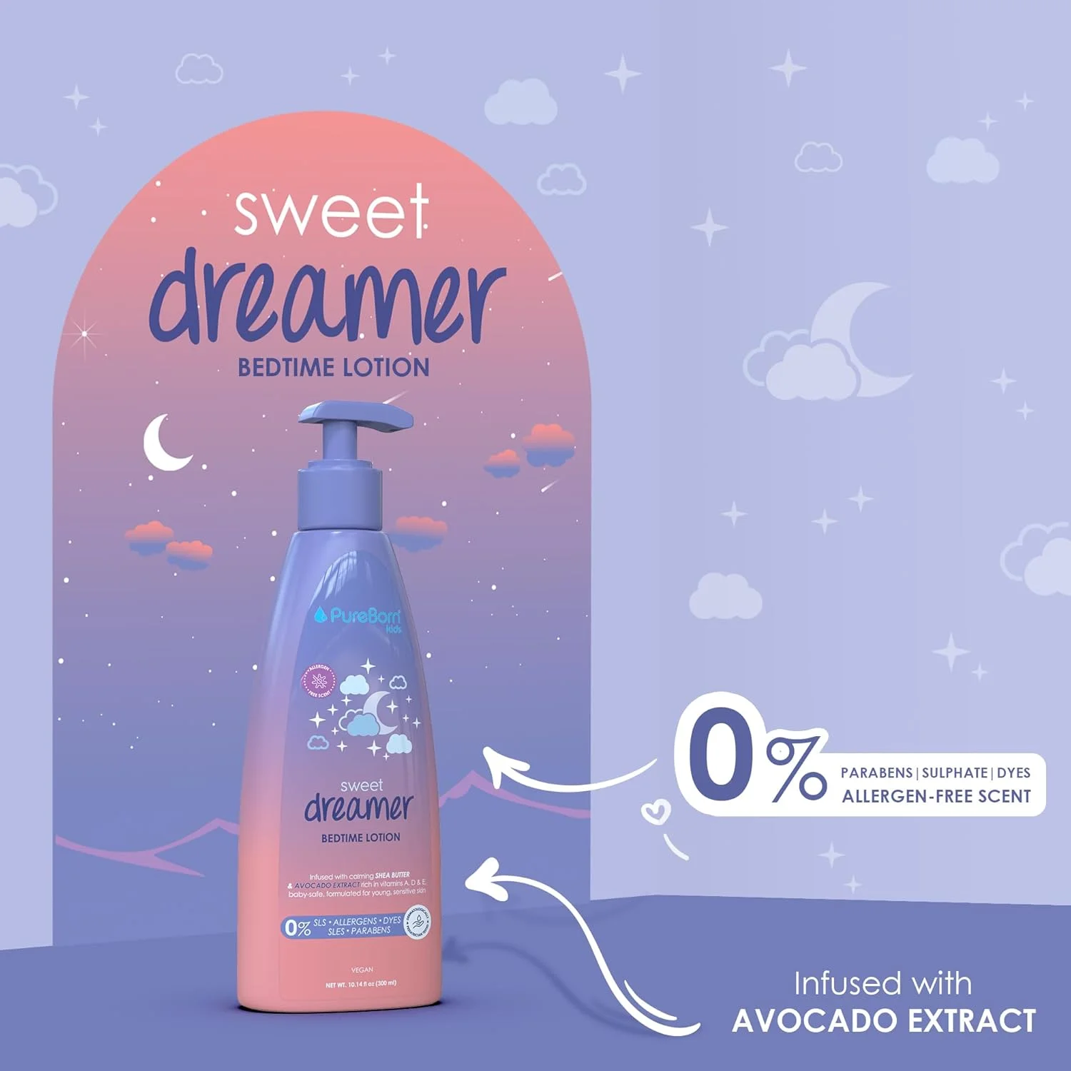 لوسیون قبل از خواب کودک Pureborn Skin Care Sweet Dreamer - حاوی شی باتر و آووکادو - حفظ رطوبت - آبرسان - ملایم - برای پوست های جوان و حساس - بدون SLS، رنگ، پارابن - ایمن برای کودک - وگان - 300 میلی لیتر لوسیون قبل از خواب کودک Pureborn Skin Care Sweet Dreamer - حاوی شی باتر و آووکادو - حفظ رطوبت - آبرسان - ملایم - برای پوست های جوان و حساس - بدون SLS، رنگ، پارابن - ایمن برای کودک - وگان - 300 میلی لیتر