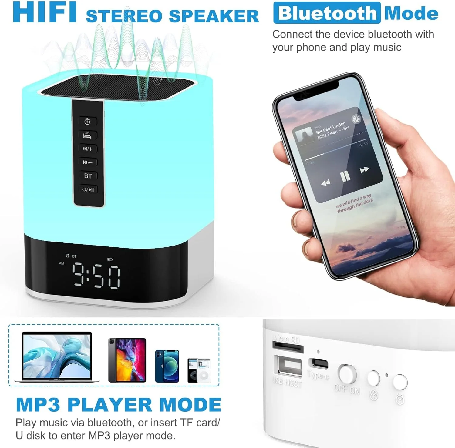 ساعت زنگ دار بلوتوثی KASTWAVE با چراغ خواب لمسی، نور گرم و رنگ های RGB قابل تنظیم، دستگاه صدای نویز سفید برای اتاق خواب ساعت زنگ دار بلوتوثی KASTWAVE با چراغ خواب لمسی، نور گرم و رنگ های RGB قابل تنظیم، دستگاه صدای نویز سفید برای اتاق خواب