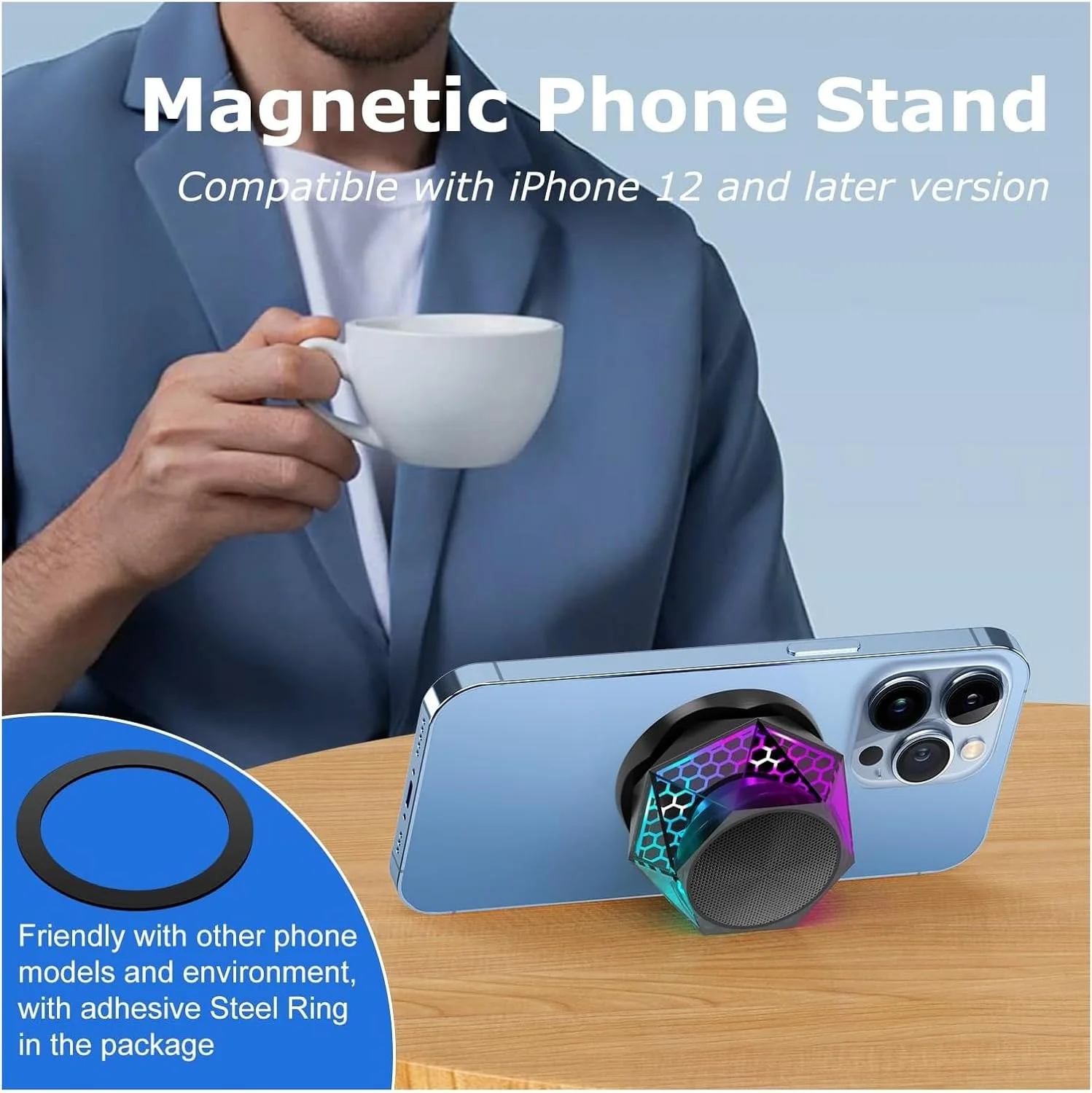 اسپیکر بلوتوثی مغناطیسی قابل حمل KASTWAVE با نمایش نور RGB، اسپیکر بی سیم جمع و جور برای آیفون و اندروید، جفت سازی TWS و پایه تلفن اسپیکر بلوتوثی مغناطیسی قابل حمل KASTWAVE با نمایش نور RGB، اسپیکر بی سیم جمع و جور برای آیفون و اندروید، جفت سازی TWS و پایه تلفن