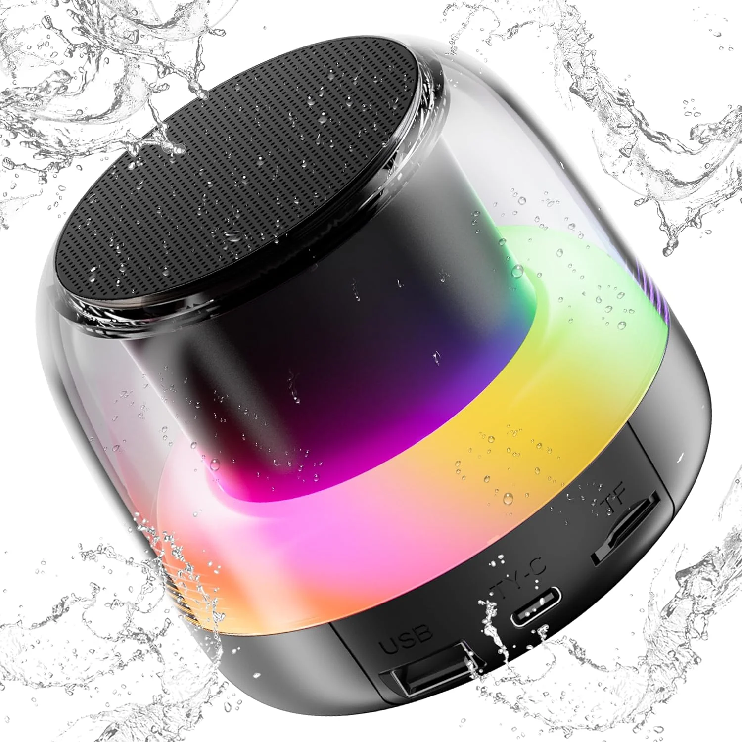 اسپیکر بلوتوثی قابل حمل بلوتوث 5.3 بی سیم با باس قدرتمند، چراغ های LED RGB، جفت سازی دوگانه بلندگو، اسلات کارت TF، صدای استریو HiFi، طراحی ضد آب جمع و جور، باتری قابل شارژ