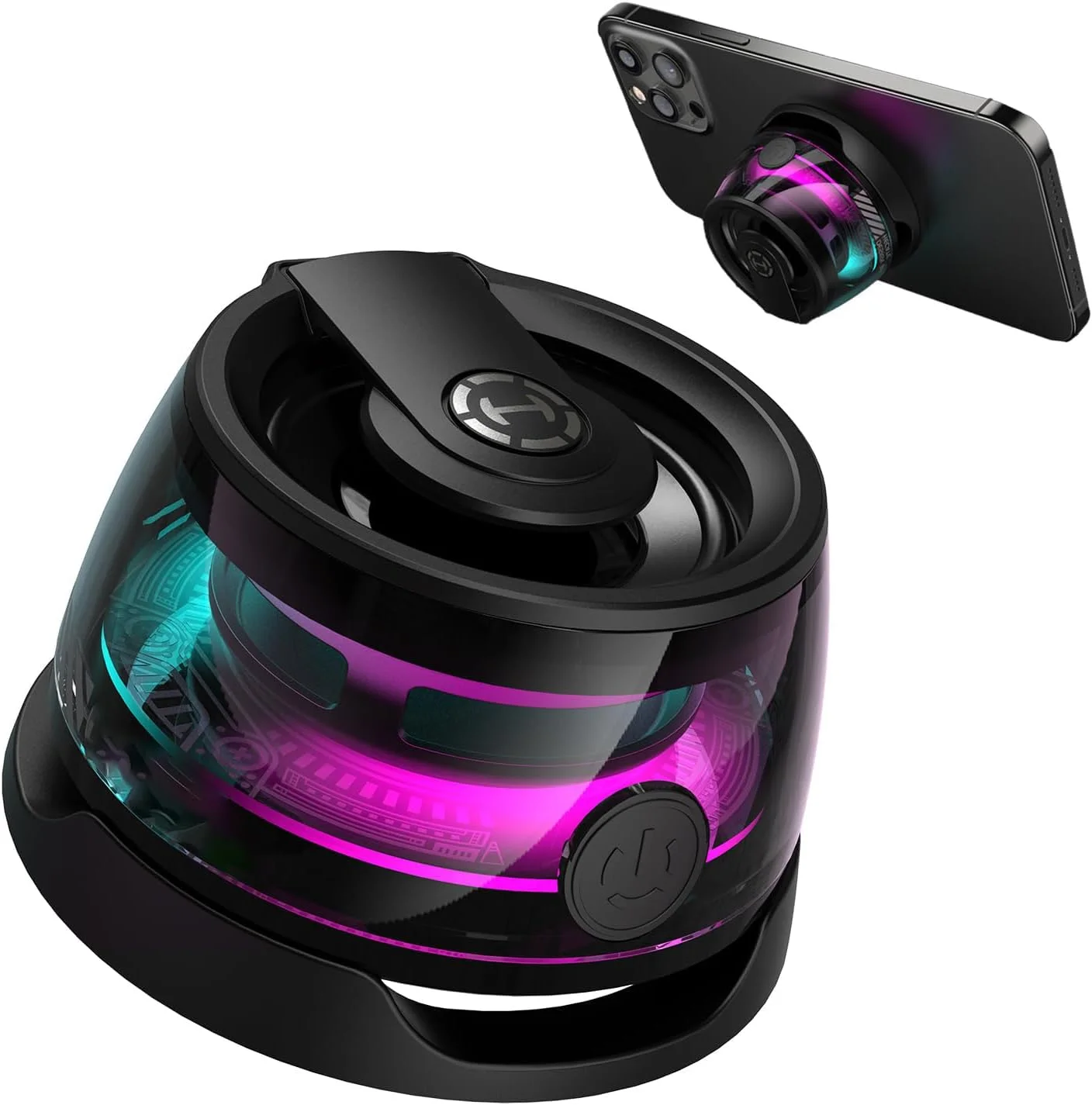 اسپیکر بلوتوثی مغناطیسی KASTWAVE G100، مینی اسپیکر بی سیم 5 واتی با بلوتوث 5.3، نور RGB، حالت بازی، 7 ساعت پخش، پایه تلفن همراه قابل حمل برای آیفون، مسافرت، گلف کارت، مشکی